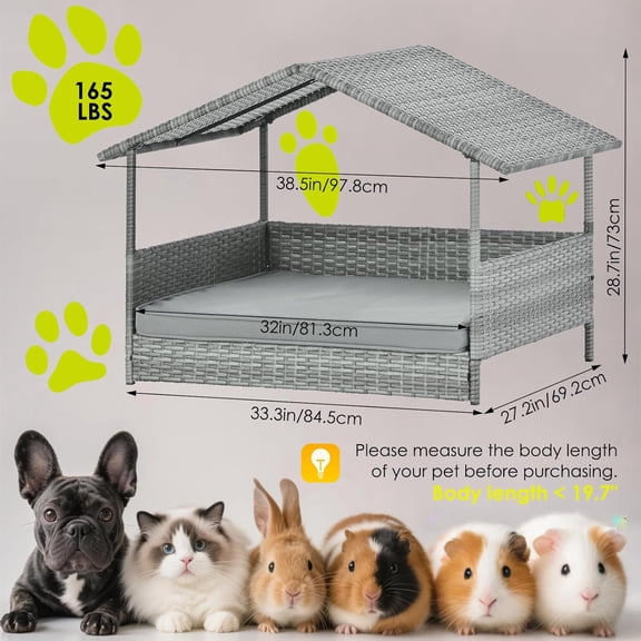 Wicker Dog House Outdoor Indoor with Canopy, Weatherproof Outside Dog Shelter Bed with Cushion, 4Sided Mesh Windows, Pet House Tent Shade for Small Medium Dogs, Rattan Dog Cot for  Yard Gray