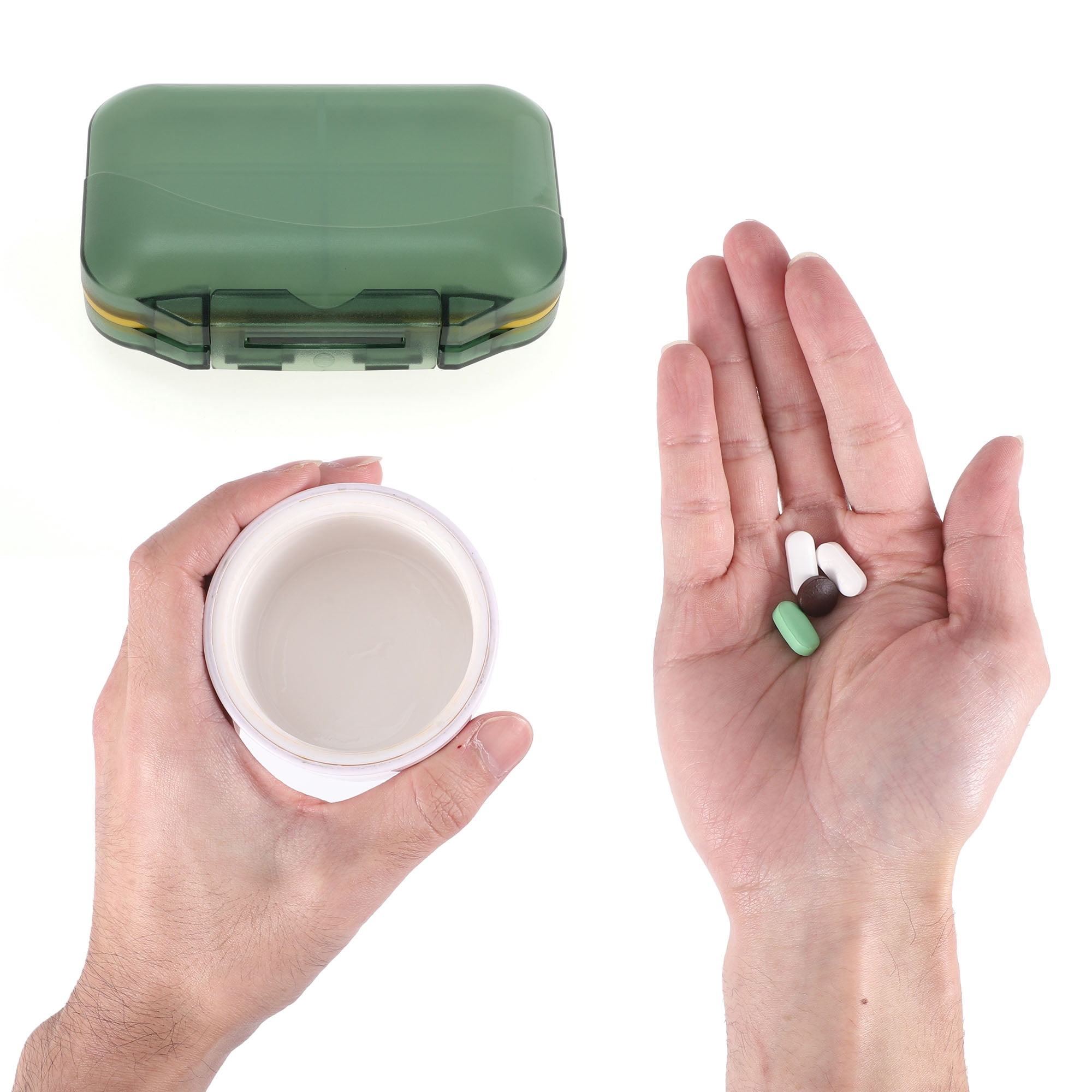 Unique Bargains 7 Grids Double Layers Portable Pill Box 1 Pc Green, Yellow