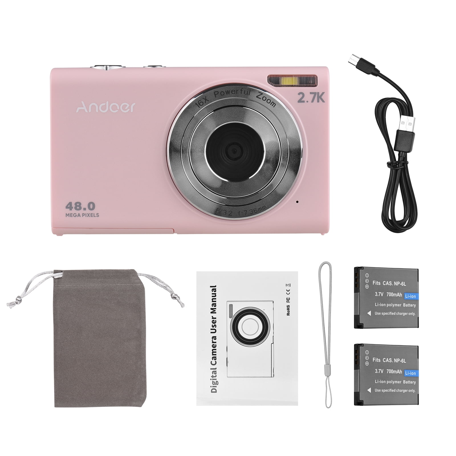 Andoer 2.7K Digital Camera Compact Video Camcorder 48MP Auto Focus 2.88 Inch IPS Screen 16X Zoom Anti-shake Face Detact Smile Capture Built-in LED Fill Light