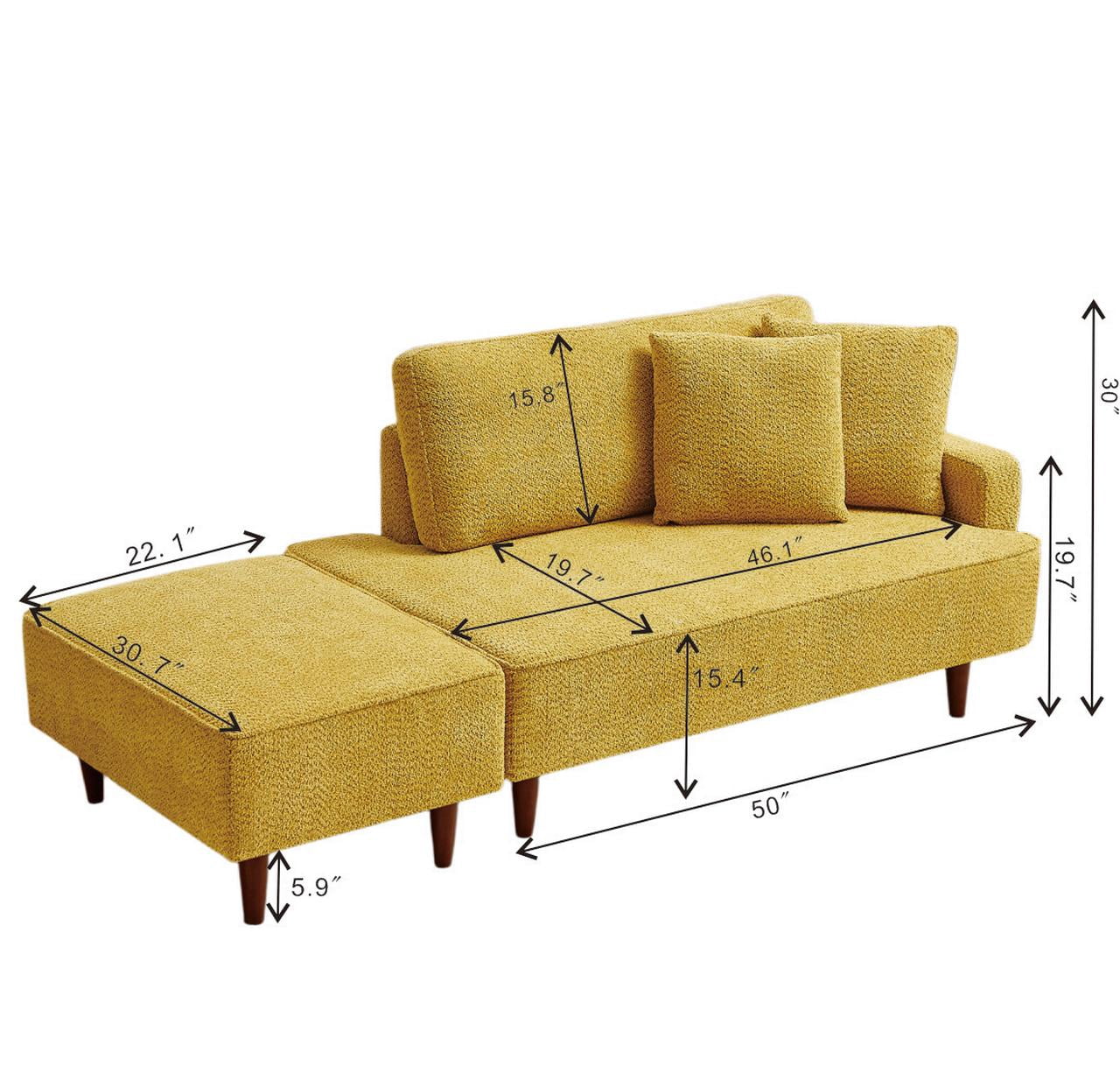 Indoor Chaise Lounge Chair with Ottoman, Boucle Upholstered Chaise Lounge with 2 Throw Pillows Included, Modern Chaise Lounge for Living Room Bedroom Reading Nook, Yellow