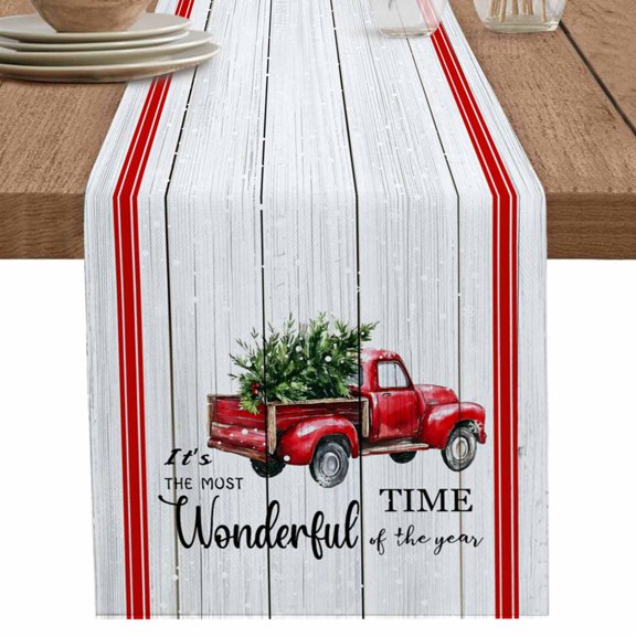 nqOlkjepod Christmas Table Runner 36 Inches Long Farmhouse Dress Scarves, Xmas Truck Tree Snowflake Red Striped Retro Dining Tablerunner for Coffee Table/Kitchen Island/Party Décor, Small 13" x 36"