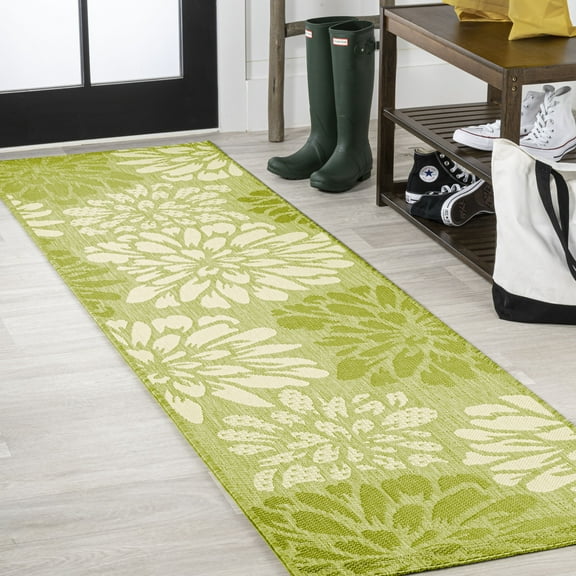 JONATHAN Y SANTA MONICA 2 x 8 Runner Rug, Zinnia Floral Textured Weave - Green/Cream, SMB110H-28