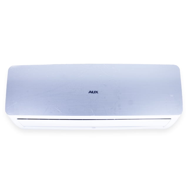 aire acondicionado aux 12000 btu asw-12a2inv/ss gris/blanco Split inverter montaje mural, unidad interior blanca con panel frontal gris y logo AUX centrado, lamas horizontales visibles y control electrónico; especificaciones indican 12,000 BTU, 3,500 W, tecnología inverter, Wi‑Fi, modo sueño y temporizador; suele usarse para enfriar habitaciones u oficinas medianas.