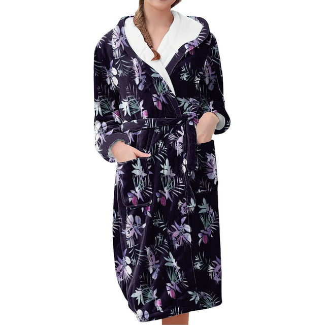 Women's Fleece Plush Robe Long Warm Plush Bathrobe Loungewear Jacket Printed Comfort Robe