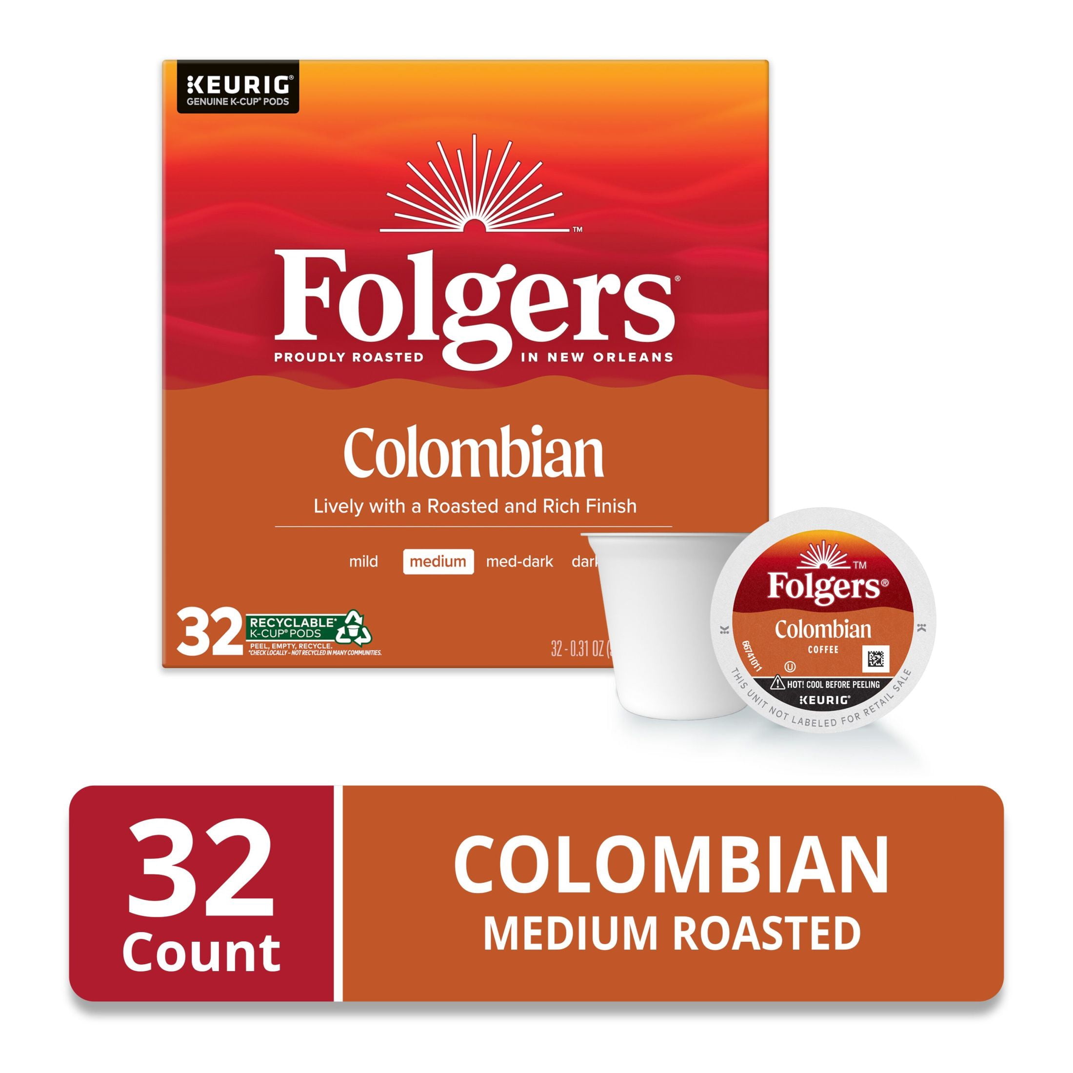 Folgers Colombian Coffee, Medium Roast, Keurig K Cup Pods, 32 Count Box