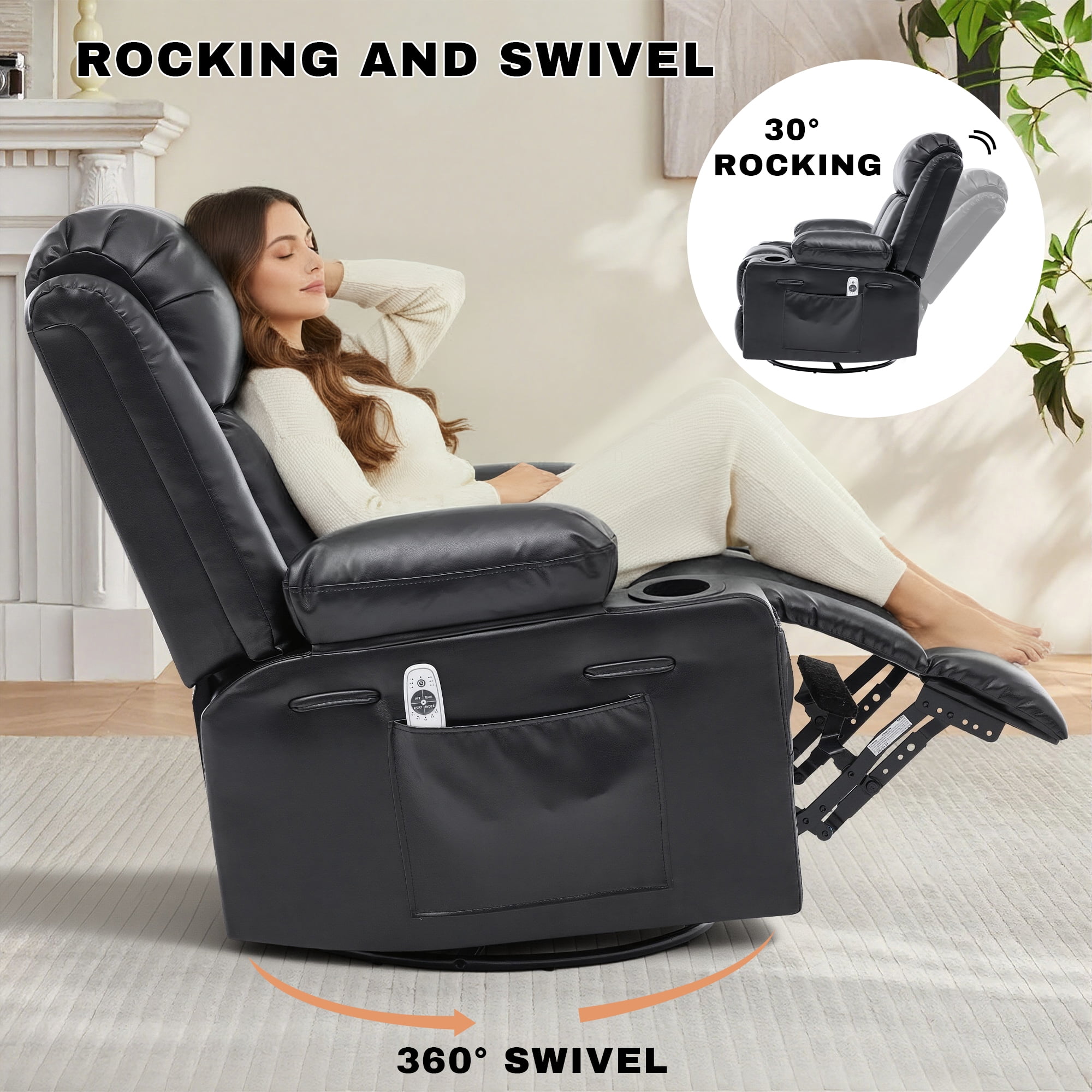GAOHAPY Rocker Recliner Chair with Heat and Massage,360°Swivel Recliner Chair for Adults Elderly,Oversized Recliner Single Sofa Seat with 2 Cup Holders and Side Pocket(Black)