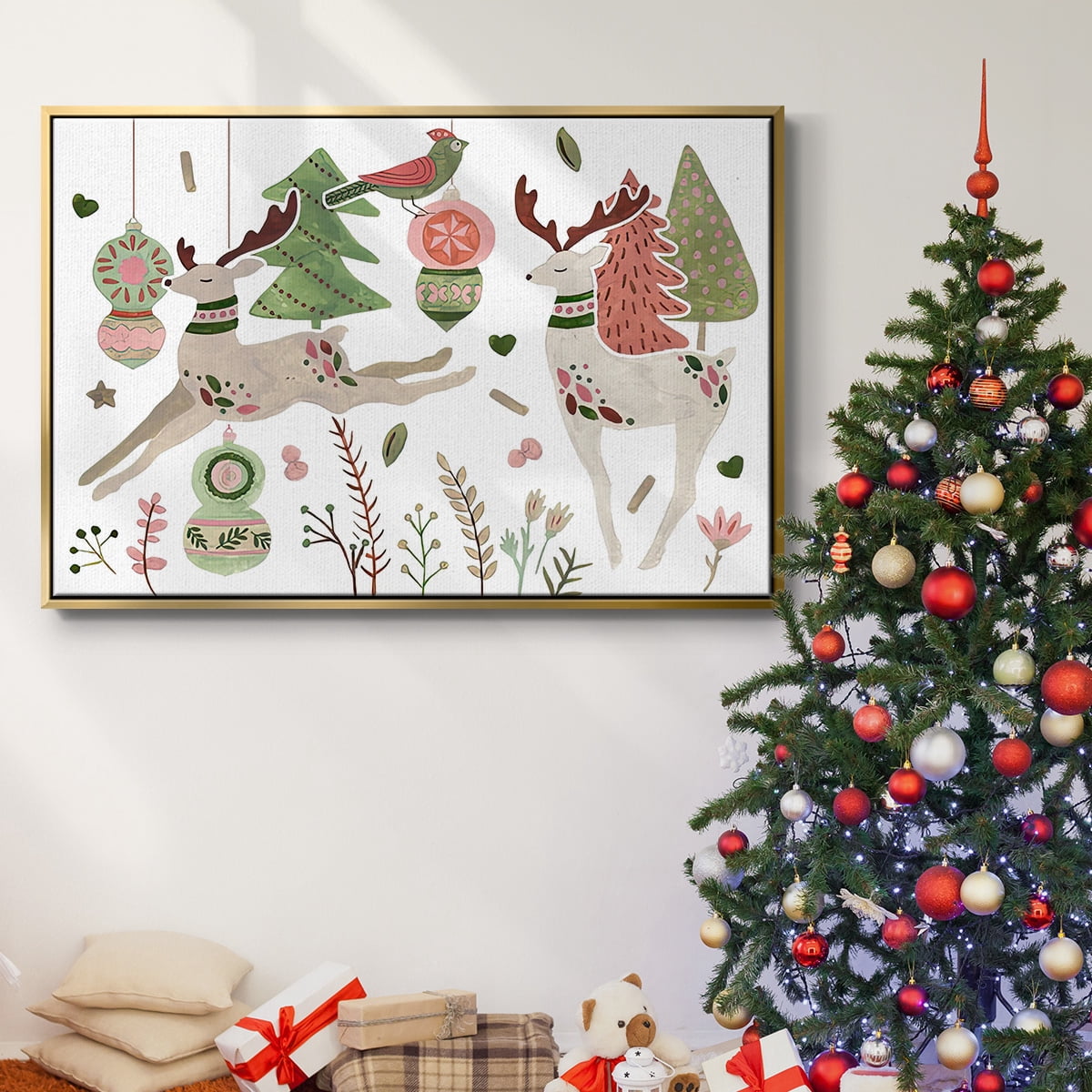 Reindeer Wishes Collection A - Framed Gallery Wrapped Holiday Canvas - 27 x 41 - Gold Frame