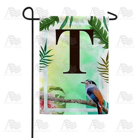 America Forever Tropical Summer Monogram Garden Flag Letter T 12.5 x 18 inches Palm Leaves Hibiscus Coastal Bird Double Sided Vertical Outdoor Yard Lawn Decorative Red Floral Garden Flag