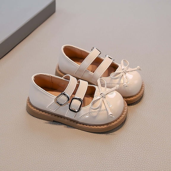 Girls Chunky Mary Jane Shoes with Bow for Dresses, Patent Leather Adjustable Buckle Uniform Shoes for School Beige 1
