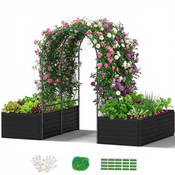 FOOWIN 3 in 1 Galvanized Raised Garden Bed with Trellis, Outdoor Metal Planter Box for Vegetables & Flowers, 269 Gallon Capacity, Black