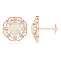 Angara Natural Vintage Style 1 ct Opal and Diamond Fleur De Lis Earrings in 14K Rose Gold for Women (Size-6mm) | October Birthstone Jewelry for Her