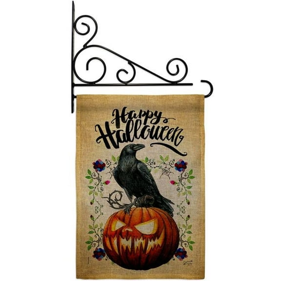 Angeleno Heritage GS130411-DB-03 Crow & Pumpkin Falltime Halloween 13 x 18.5. in. Double-Sided Decorative Horizontal House Garden Flag Set for Decoration Banner Yard Gift