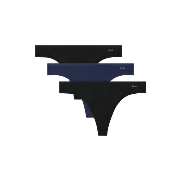 Hanes Women's Period Underwear Thongs, 3-Pack, Comfort, ., Light Protection Black/Indigo/Black M