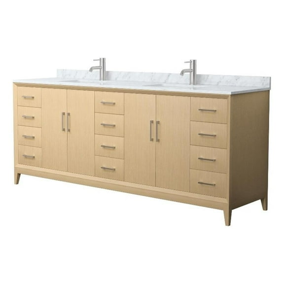 Wyndham Collection WCH757584DHOCMUNSMXX 84 in. Janna Double Bathroom Vanity in White Oak, White Carrara Marble Countertop - Undermount Square Sink - Brushed Nickel Trim
