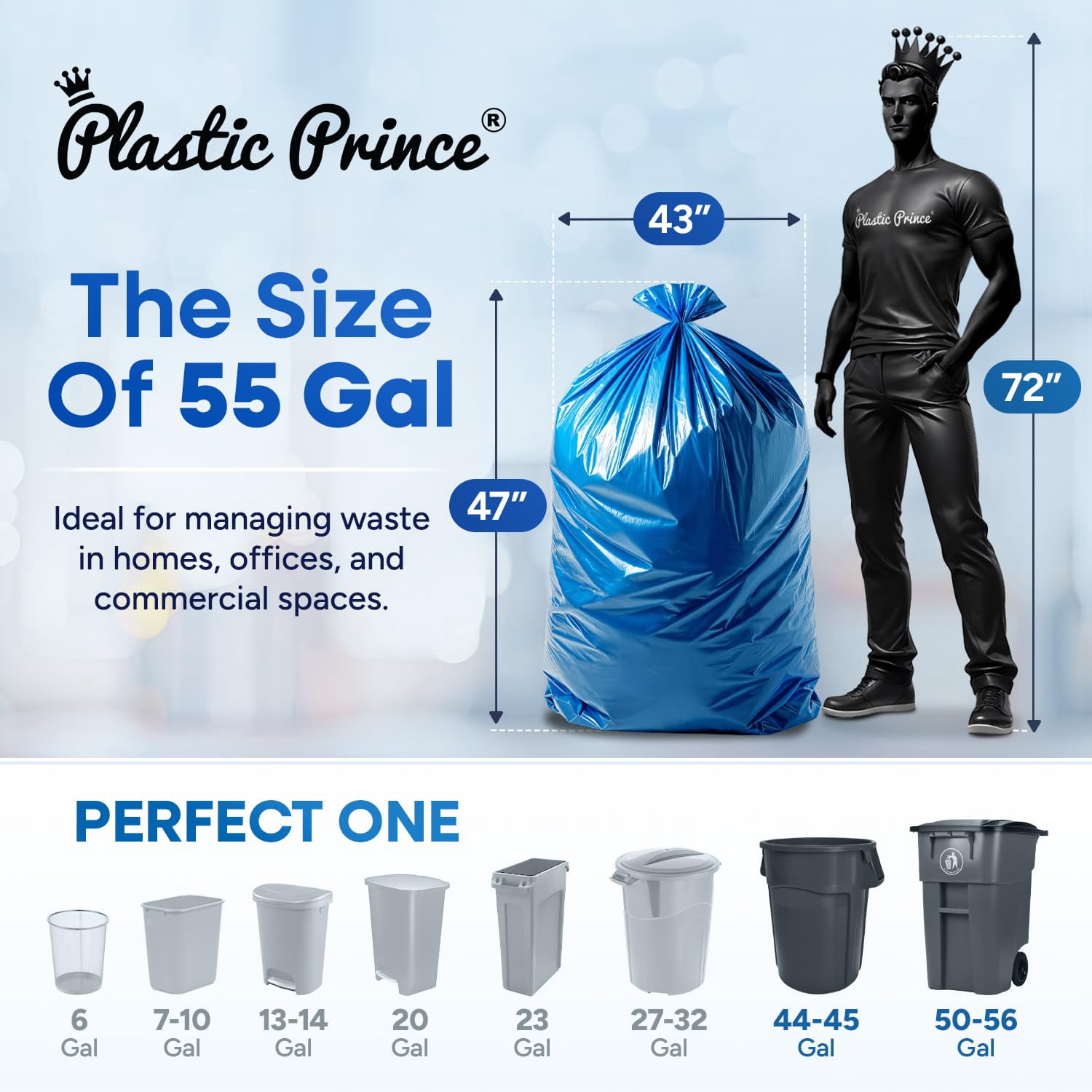 (100 Pack) 55-60 Gallon Trash Bags, 2 Mil, Heavy Duty, Fit Rubbermaid Brute Rollout, Round and Square 32-55 gal Trash Cans, 43" x 47" Large Durable Garbage Trash Can Liners, Bulk (2 Mil Blue)
