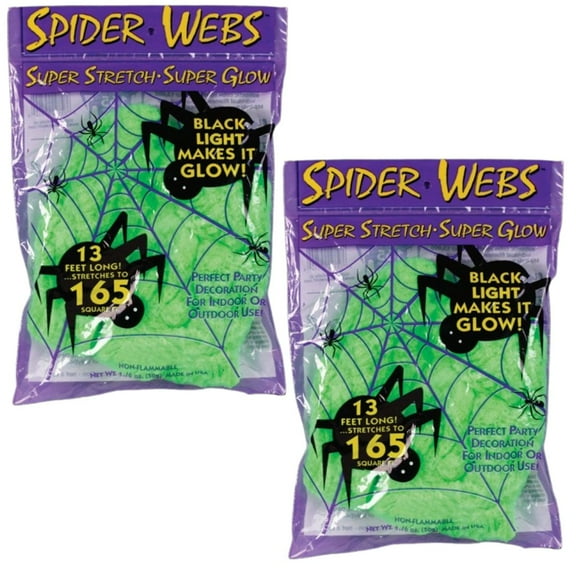 Fun World Spider Web  Super Stretch Halloween Decoration  Glows in Black Light  13 ft Long, Covers Up to 165 Sq Ft Pack of 2