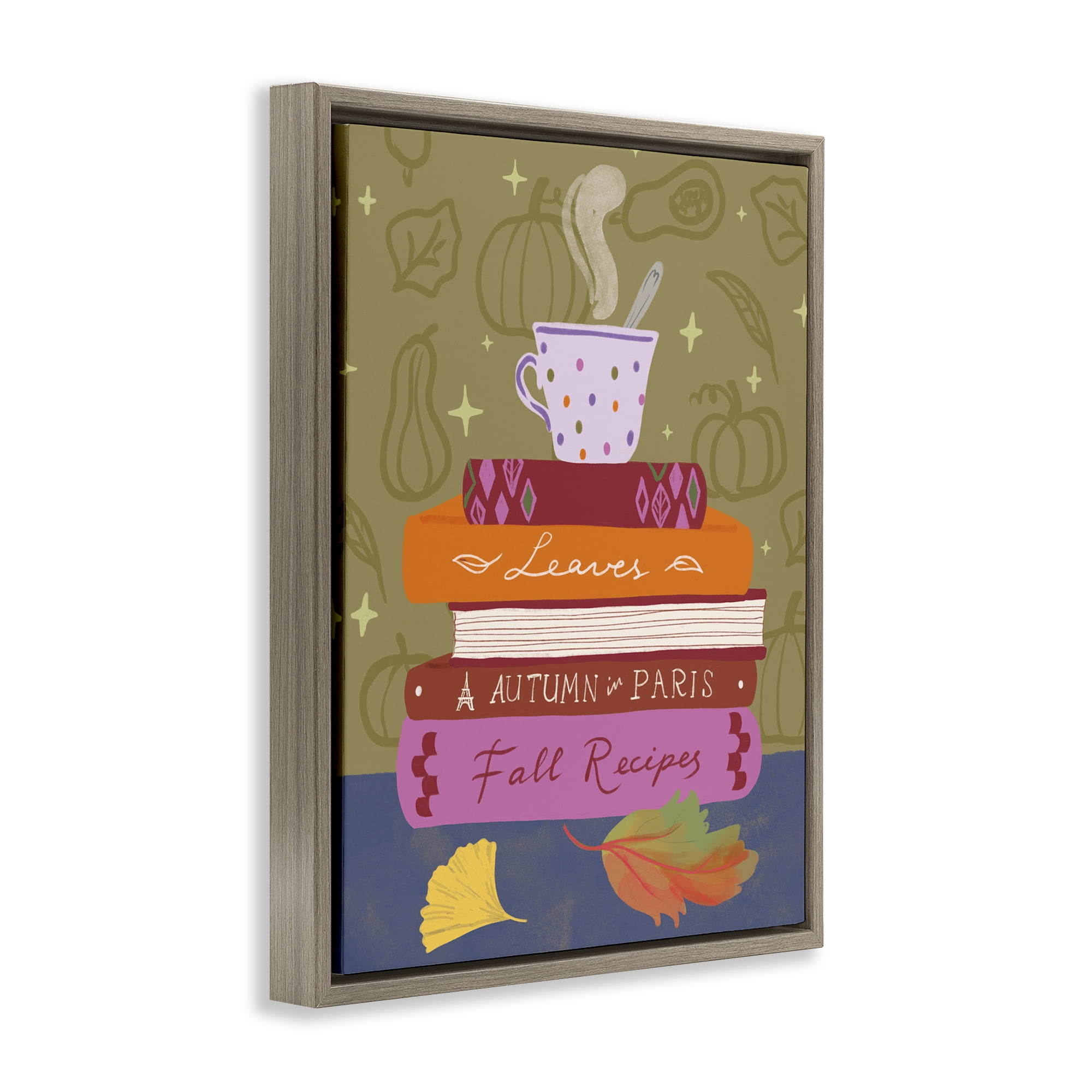 Stupell Industries Autumnal Mug on Bookstack Education Painting Brown Floater Framed Canvas Art Print Wall Art, 25 x 31