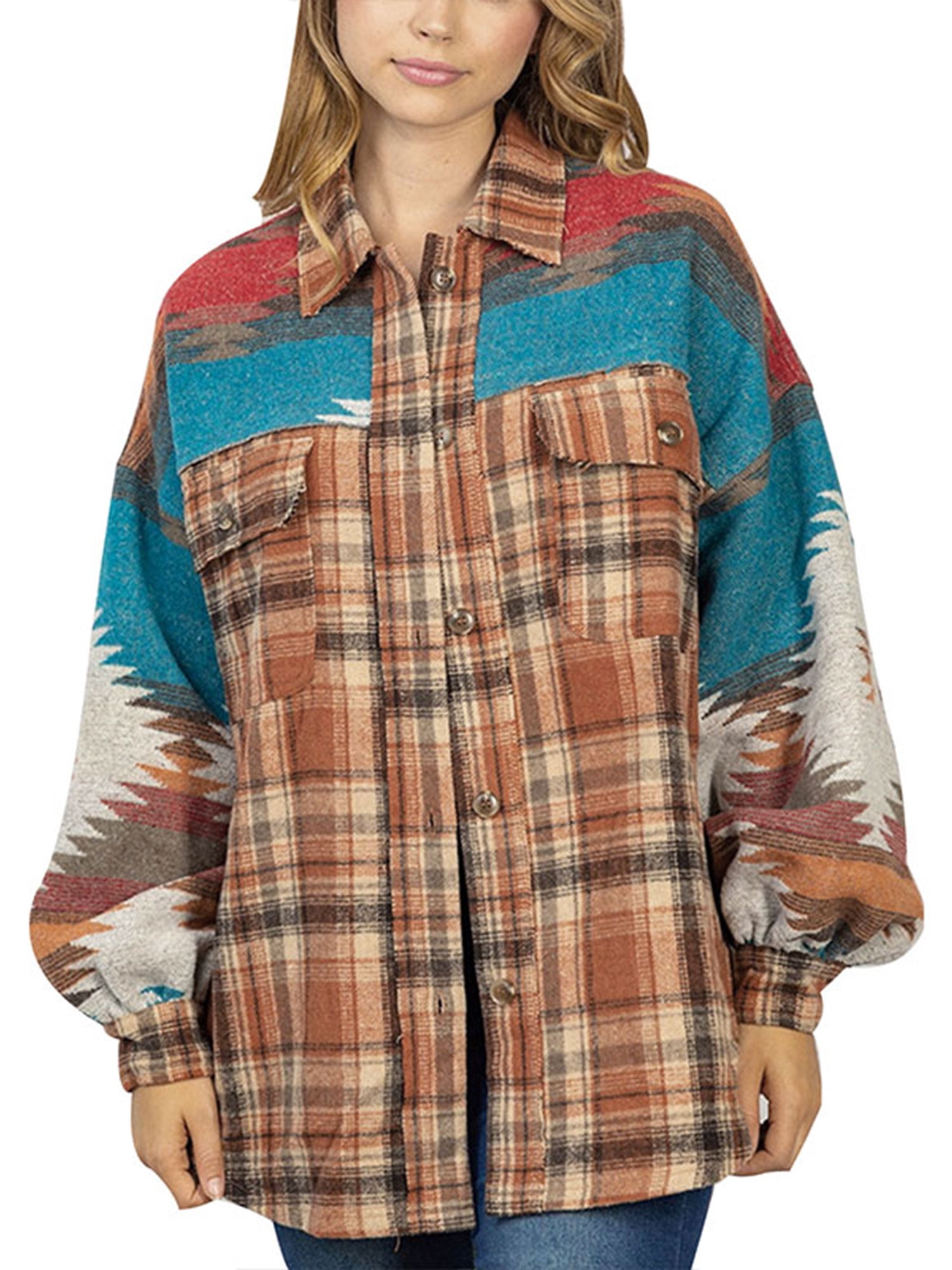 Frontwalk Women Winter Wool Blend Shacket Coat Outwear Casual Color Block Plaid Shirt Jacket Long Sleeve Pocket Tops, Women's, Size: Medium, Orange