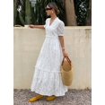 thumbnail image 4 of Ivory White Hollow Out Embroidery Tiered Puff Sleeve Maxi Dress, 4 of 17