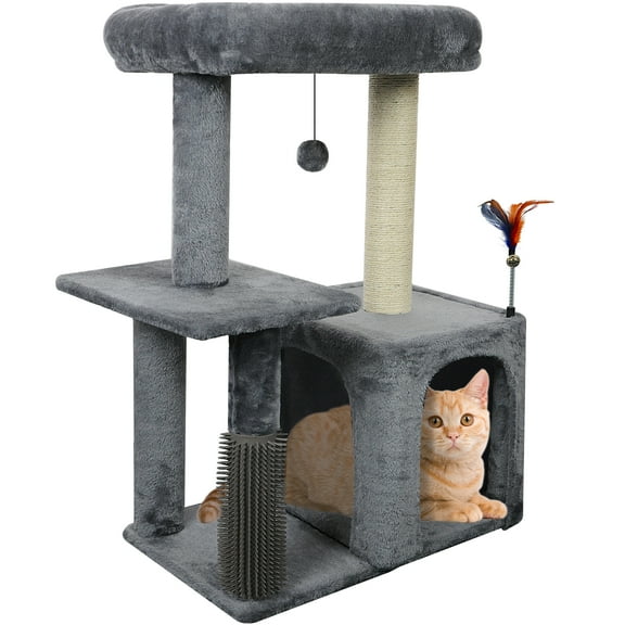 WK 31.50" Cat Tree for Indoor Cats with Cat Condo and Scratching Post,Cute Cat Tower with Self-Grooming Brush and Toy Balls,Grey