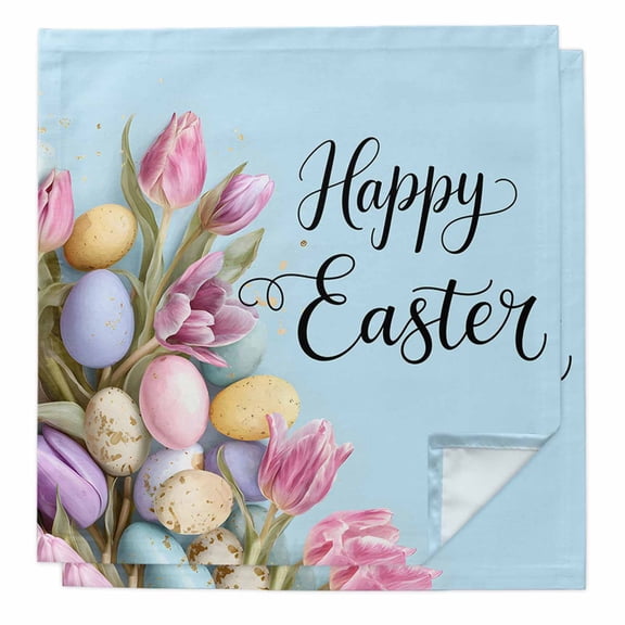 Happy Easter Cloth Napkins, Colorful Eggs Pink Tulips Pastoral Flowers Blue Washable and Reusable Dinner Napkins Set of 2, Table Napkin for Kitchen Party Birthday Wedding Hotel Housewarming 20"x20"