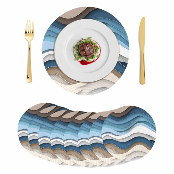 Blue Beige Ombre Round 15 Inch Placemats Set of 8, Moire Geometric Abstract Modern HeatResistant Non Slip Place Mats for Dining Table, Wipeable Braided Kitchen Table Mats for Housewarming