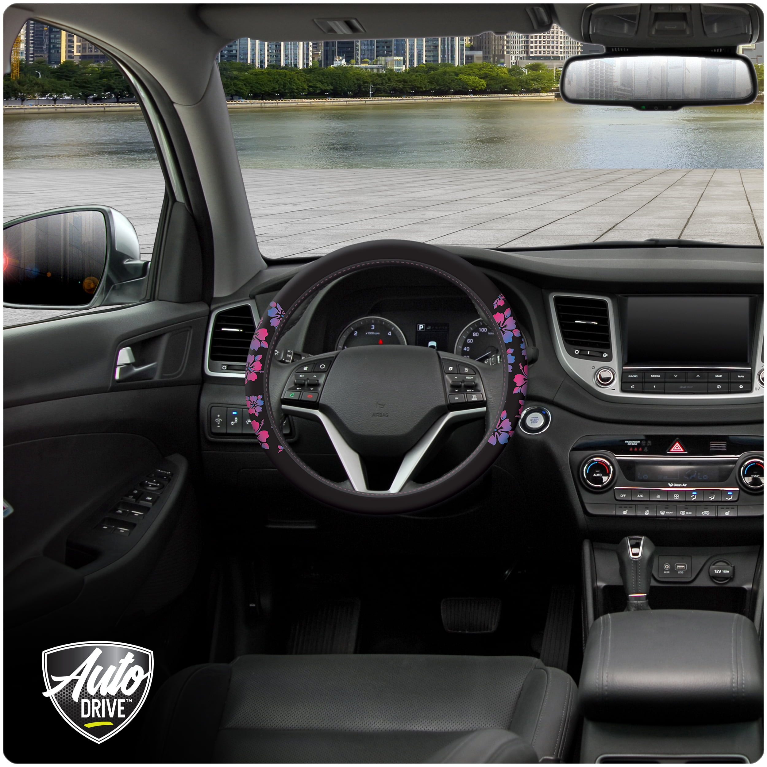 Auto Drive 5-Piece Black-Purple Hawaiian Hibiscus Car Kit, 43671WDI