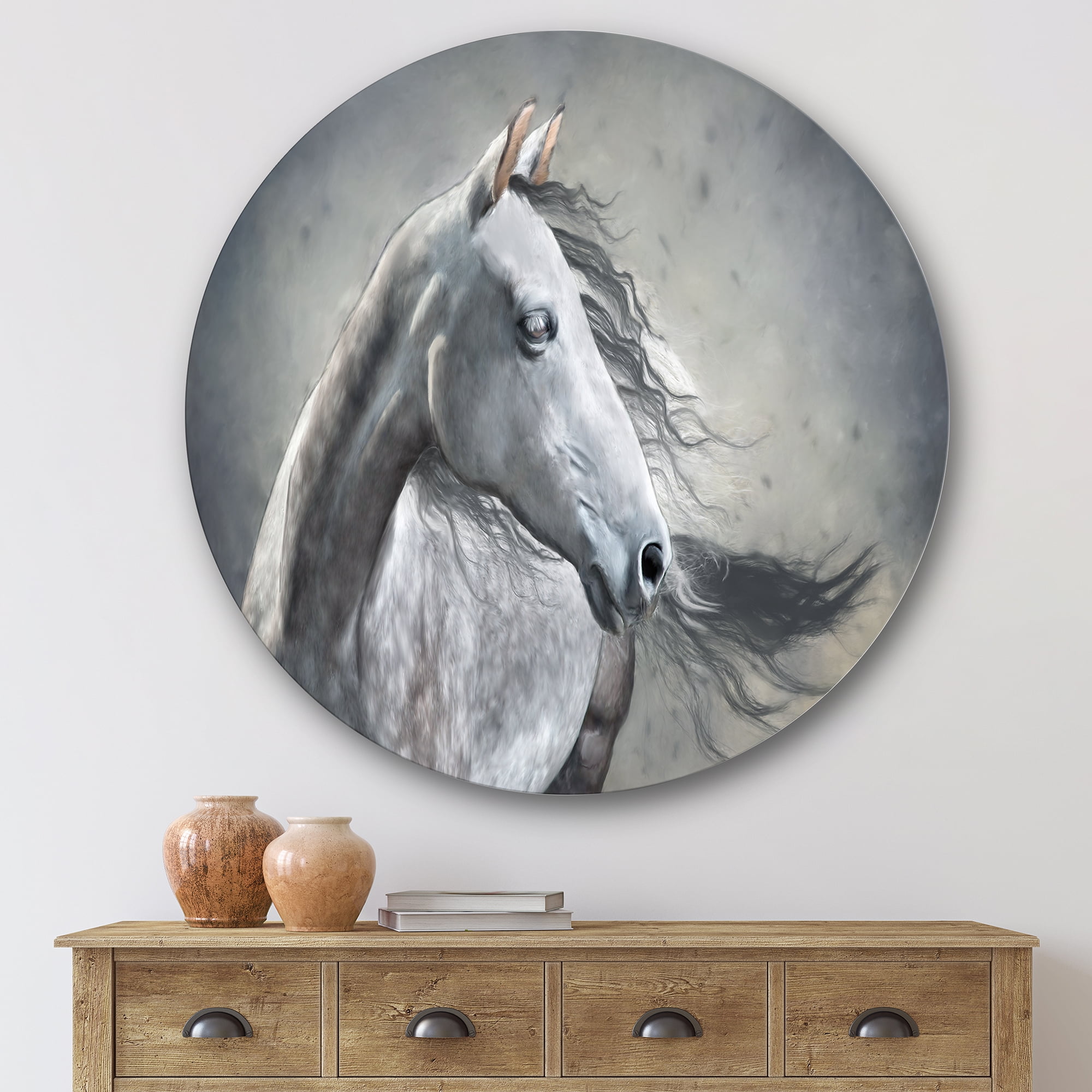 Designart 'Black and White Portrait Of A Wild Horse' Farmhouse Circle Metal Wall Art 29x29 - Disc of 29