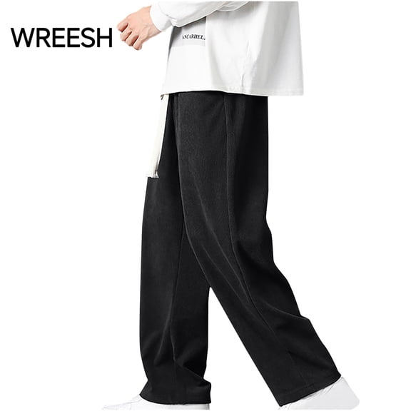 WREESH Workout Corduroy Pants for Men Casual Solid Color Full Length Pants with Pockets Elastic Waisted Athletic Pants Black