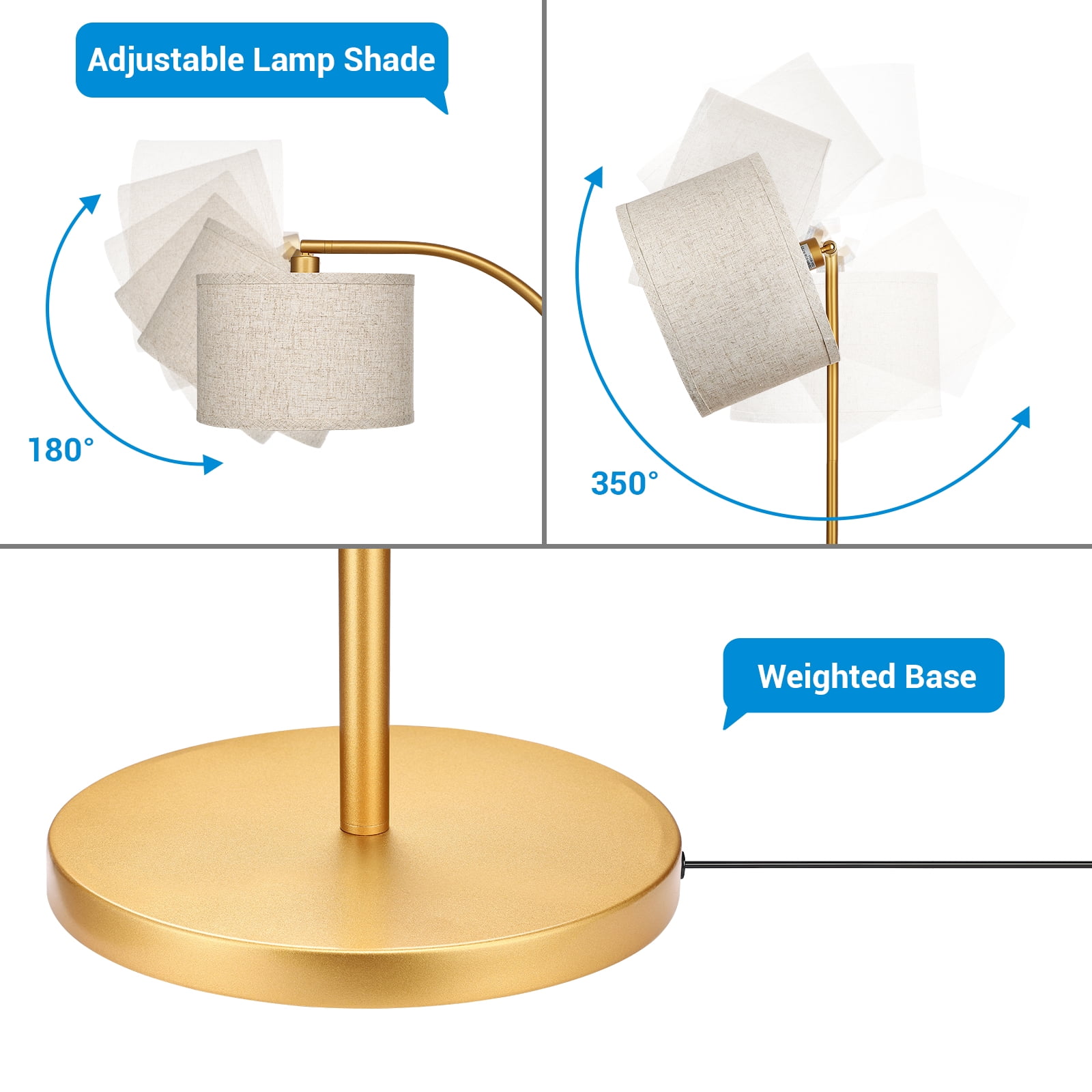 DEWENWILS 63.4-Inch Modern Arc Gold Floor Lamps for Living Room, Metal Standing Lamp with Foot Switch for Bedroom, Office, Decor, Lighting, Adjustable Lampshade