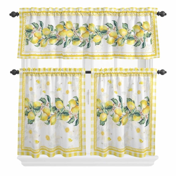 3 Piece Kitchen Curtains and Valances Set Yellow Lemon Cafe Curtains 24 Inch Length Summer Botanical Plaid Elegant Pastoral Valance & Tier Curtain for Living Room Bedroom Window 54"x18" 27"x24"*2