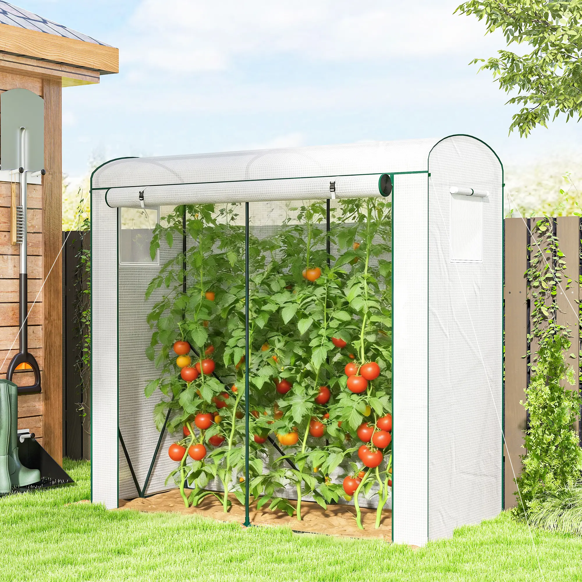 Green Large Outdoor Greenhouse with 140gsm PE Cover, Roll-Up Door & Mesh Windows, Powder-Coated Steel Frame, Windproof Level 4
