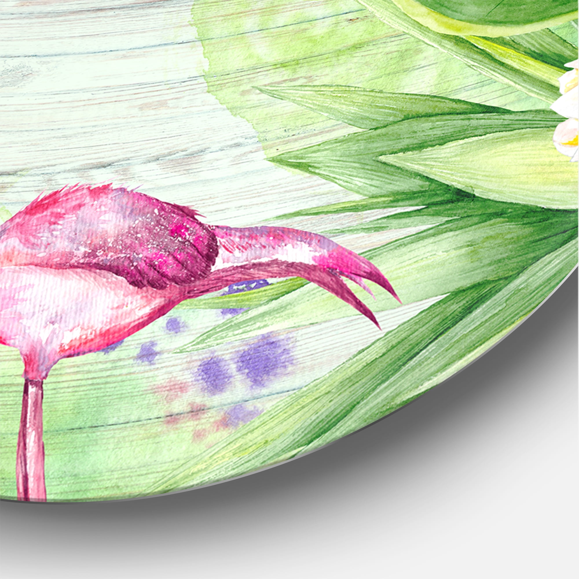 Designart 'Yellow Flowers, Tropical Foliage With Flamingo I' Modern Circle Metal Wall Art 23x23 - Disc of 23
