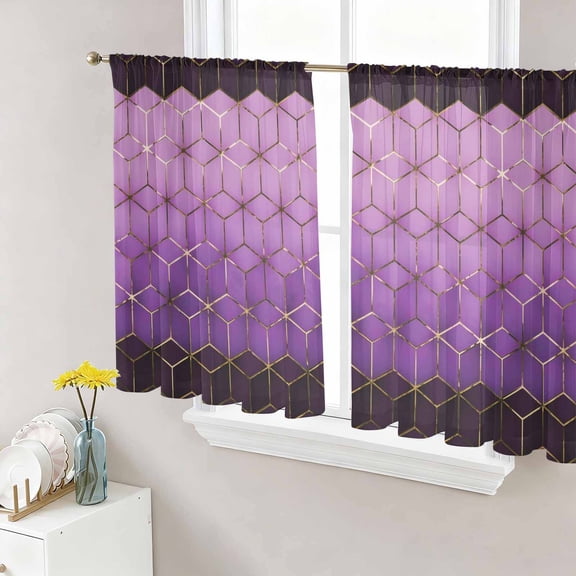 Purple Geometric Sheer Curtains 45 Inch Length 2 Panels Set Window Treatments, Ombre Modern Abstract Art Rod Pocket Semi Curtains for Living Room/Bedroom/Kitchen Décor, 104"W x 45"L