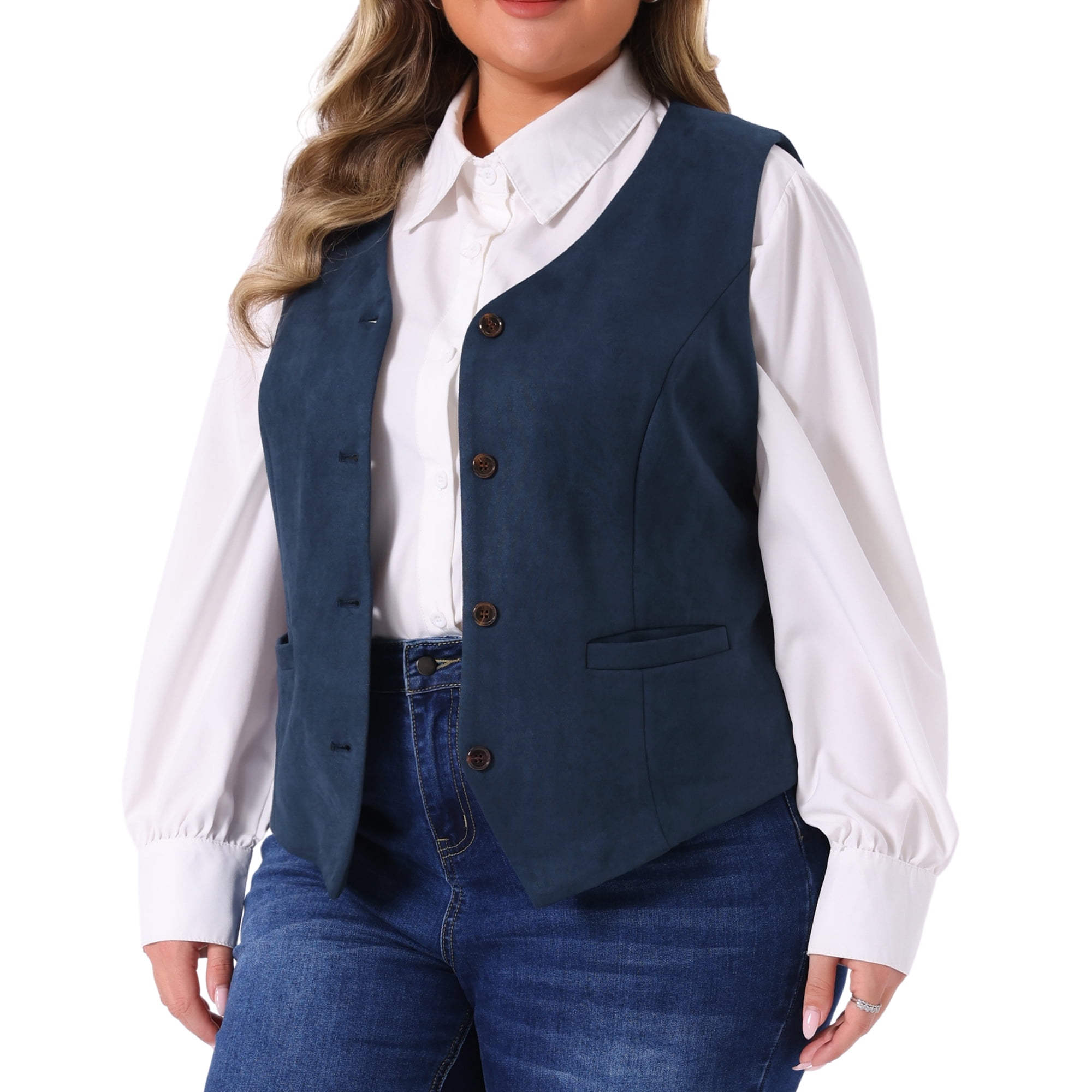 DARING DIVA Women's Plus Fully Lined 4 Button V-Neck Dressy Suit Vest 4X Navy Blue