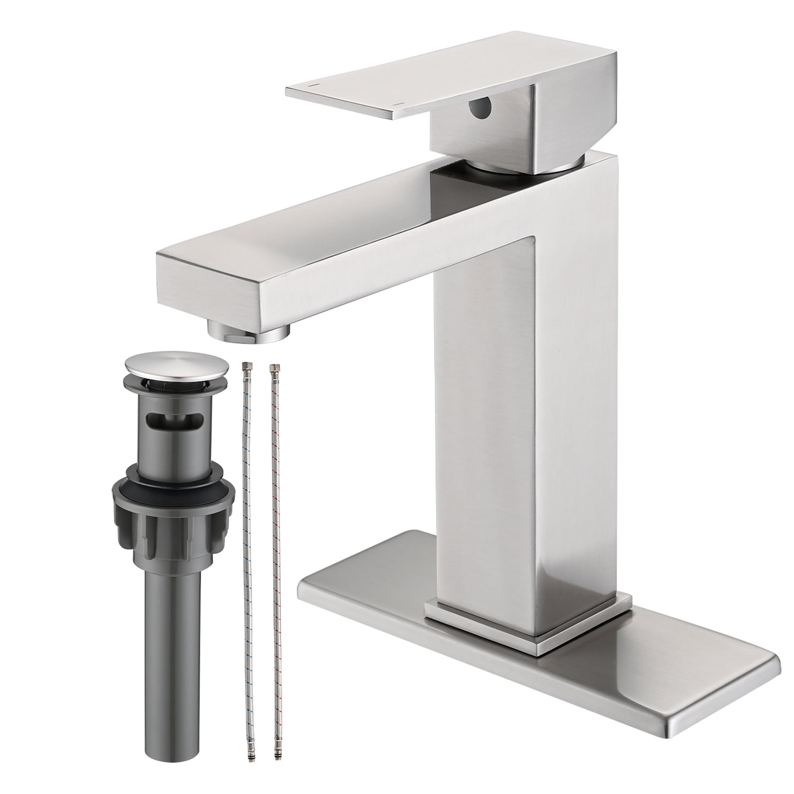 MAYEERTY 1-Hole 1-Handle Stainless Steel Bathroom Faucet with Deckplate & Drain, Brushed Nickel