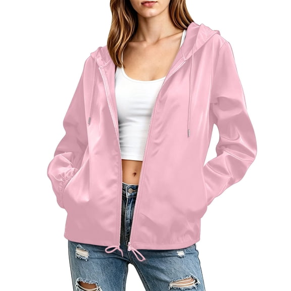 qelini Waterproof Hiking Jacket Women Plus Size Long Sleeve Zipper Hooded Outdoor Hiking Solid Color Windbreaker with Pockets