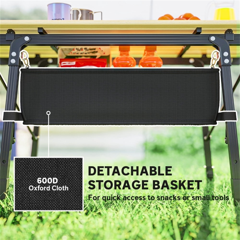 Adjustable Height Camping Table with Oxford Storage Basket, Lightweight Aluminum Alloy Frame, Foldable Portable Outdoor Table with Carry Bag for Camping Picnic
