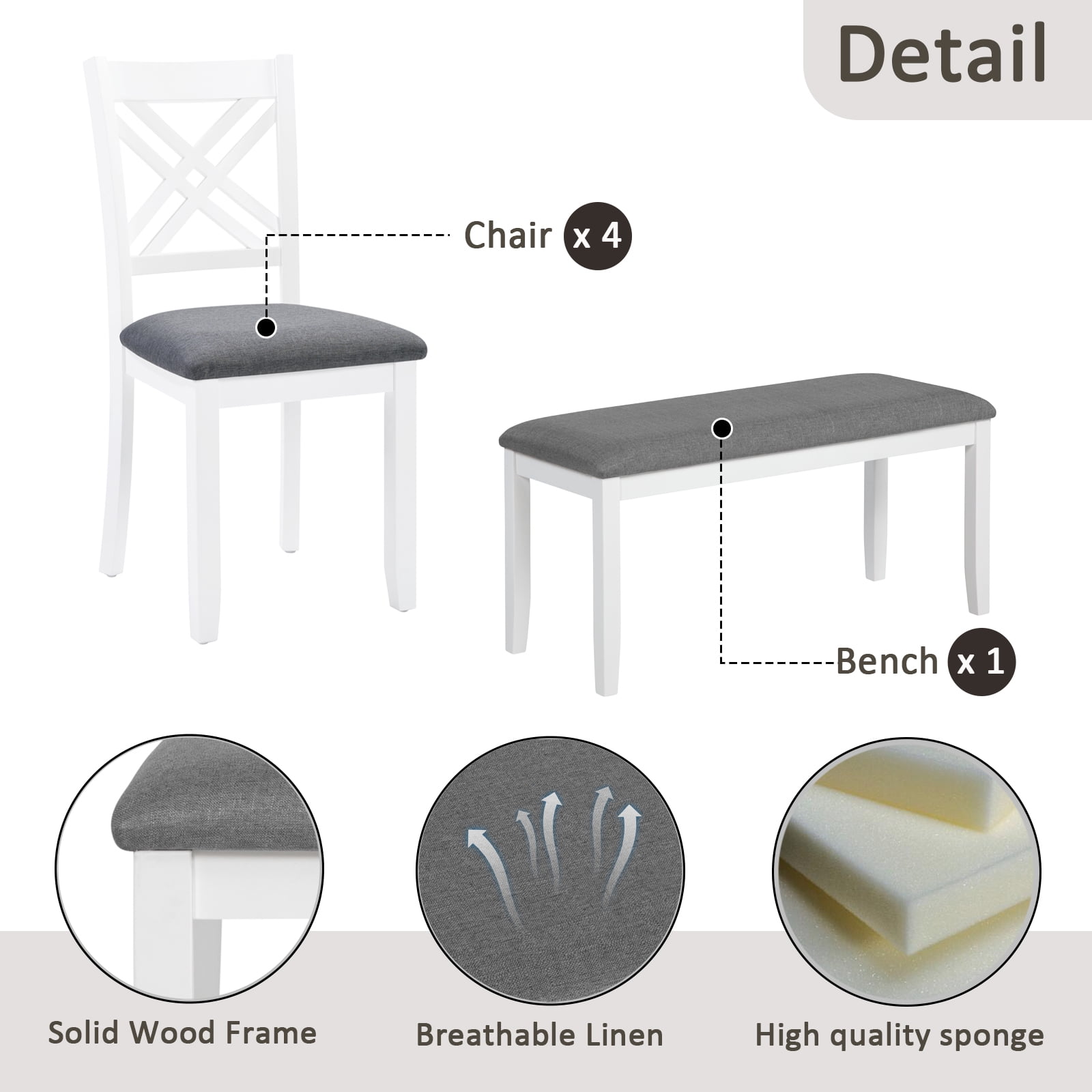 6 Piece Dining Set for 6, 58.5" Rectangular Dining Table with 4 Upholstered Chairs and a Bench