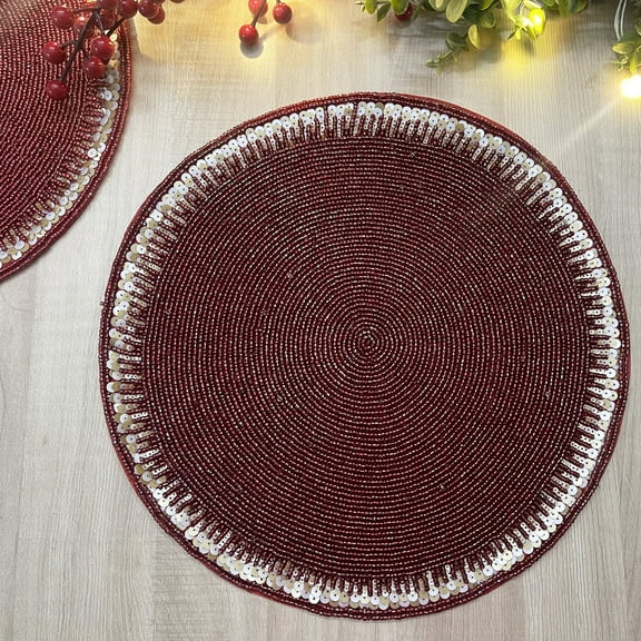 Set of 6, Christmas handmade beaded placemat, tablemat, 14 inch, red charger
