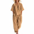 thumbnail image 3 of Linen Sets for Women 2 Piece Cotton 3/4 Sleeve Wrap Top And Wide Leg Pants Loose Fit Summer Outfit for Travel Beach, 3 of 5