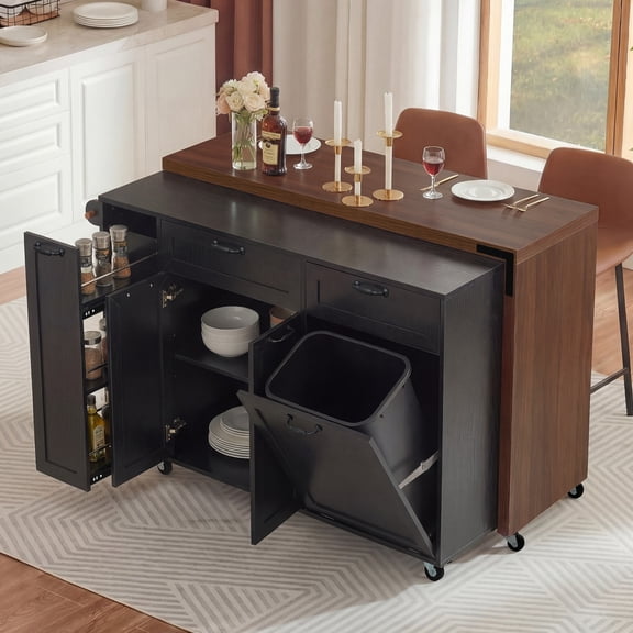 DTTRA 102" Rolling Kitchen Island with Extendable Table & Trash Storage, Black