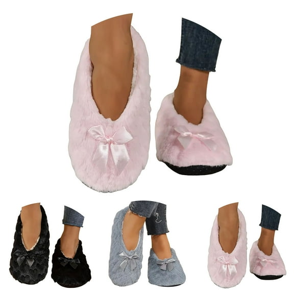 Dakaela Women's Ballerina Slippers Fuzzy Plush Winter House Shoes Closed Back Indoor Outdoor Slip on Slides with a Satin Bow