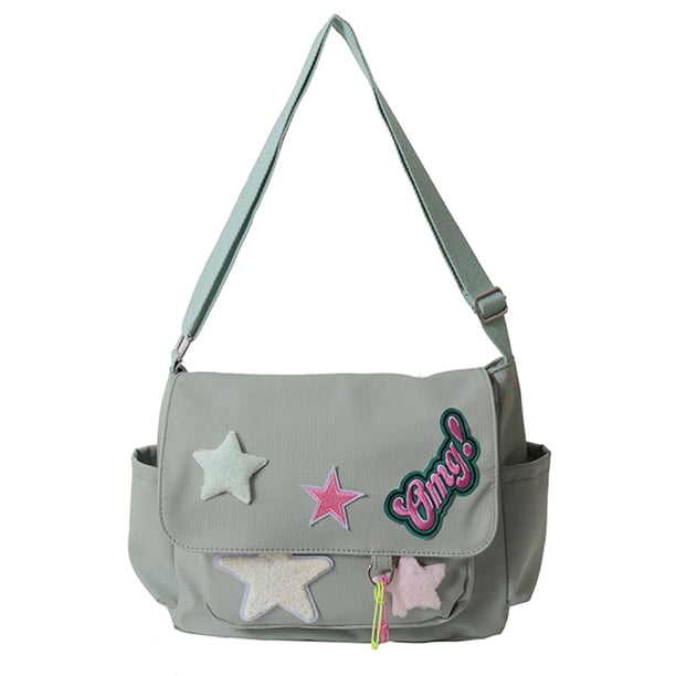 Bolso Mensajero Lindo para Mujer Lienzo Con Apliques Letras Y Estrellas para Adolescentes Y Estudiantes (verde)