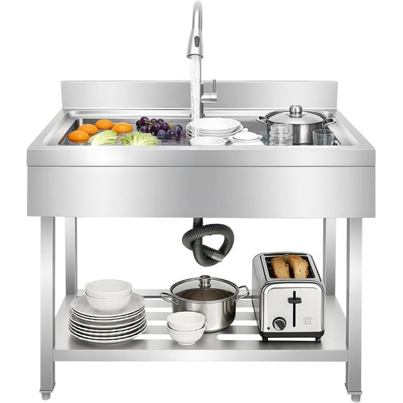 Stainless Steel Utility Sink, 39.37" × 19.69" × 31.5" Freestanding Sink Single Bowl Utility Basin with Faucet and Water Pipes for Kitchens, Bathrooms, Garage, Laundry Room