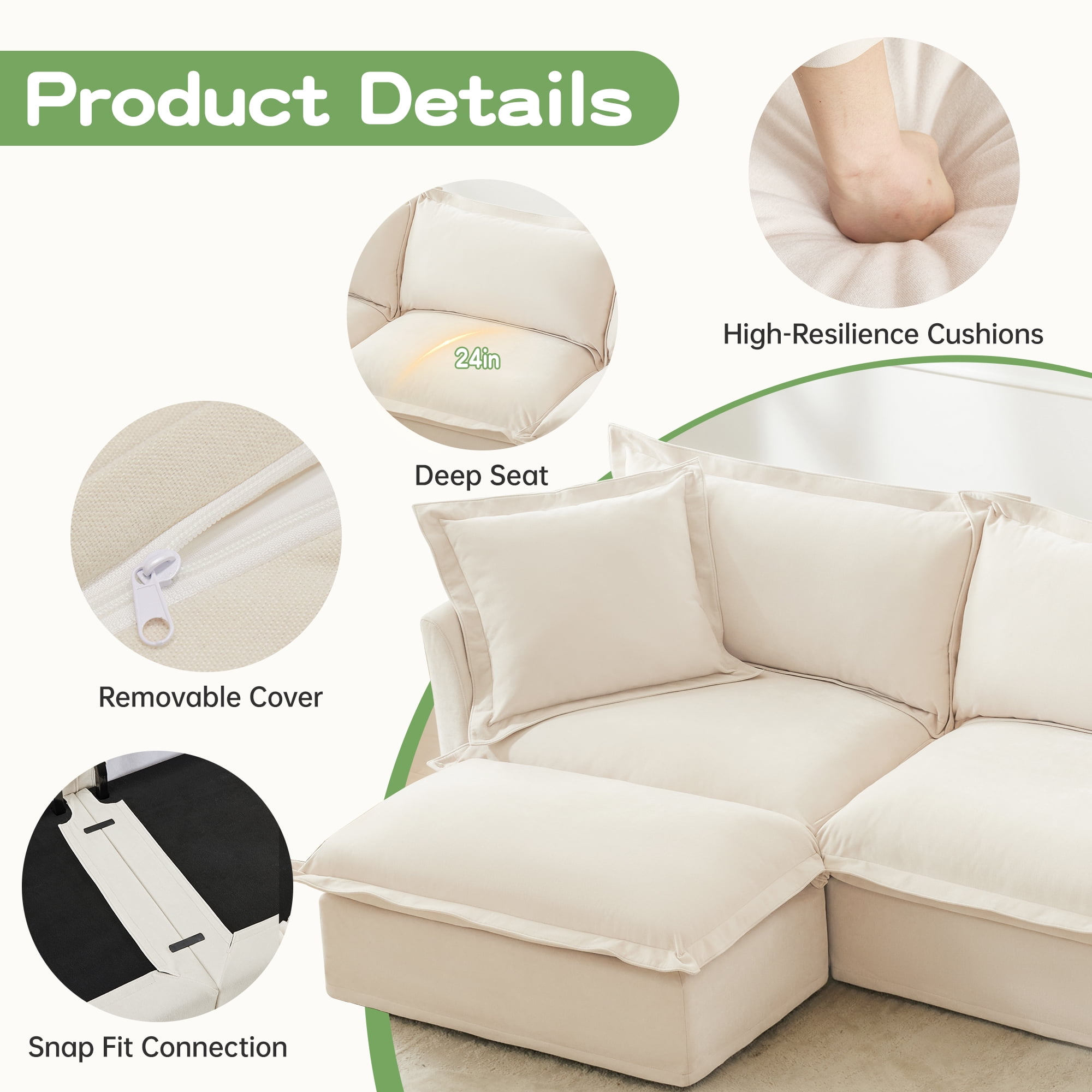 Gewnee Chenille Fabric Cream Deep Seat Singel Armless Sofa Couch for Living Room, Reading Room, Bedroom and Working Spaces
