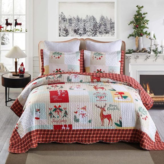 Christmas Quilt Set Bedspread Set B023, Red, King