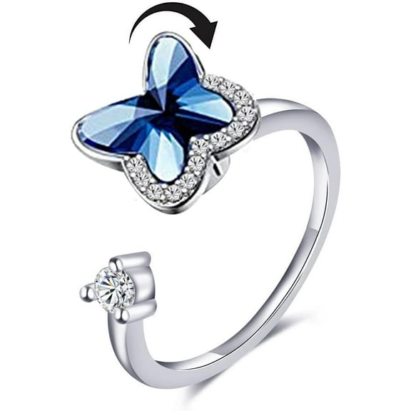 Butterfly Spinner Fidget Statement Rings for Women Cubic Zirconia Anxiety Rotate Freely Inspirations Jewelry Calming Worry Meditation Crochet Loop Expandable Adjustable Stacking Middle Finger Ring