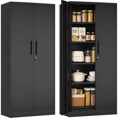 IKIMI 72" Metal Garage Storage Cabinet with 4 Adjustable Shelves and Locking Doors, Tall Freestanding Garage Cabinet for Office, Home, Kitchen, Black(72“H x 36“W x 18" D)