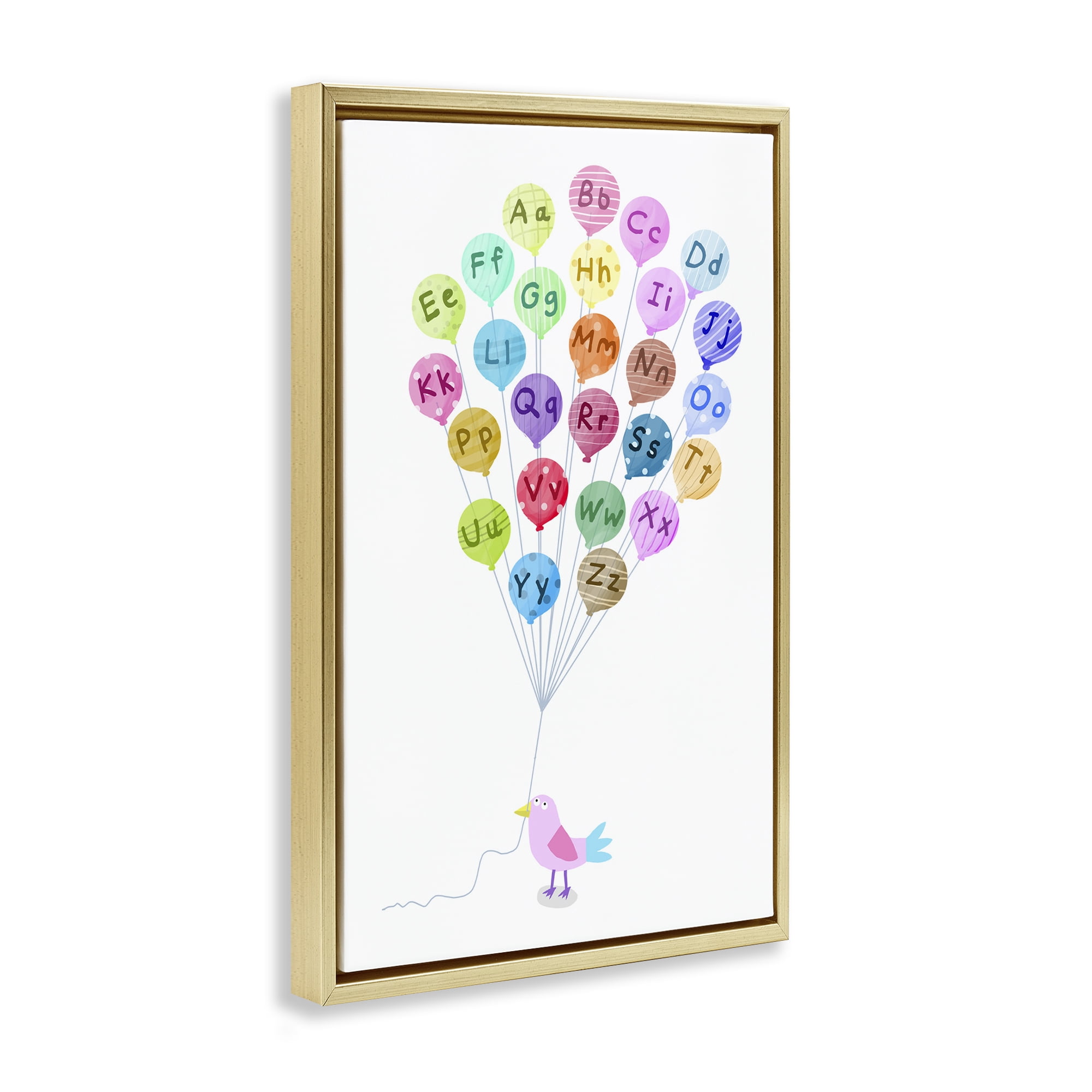 Stupell Industries Bird & Alphabet Balloons Animals & Insects Painting Gold Floater Framed Art Print Wall Art, 21 x 31